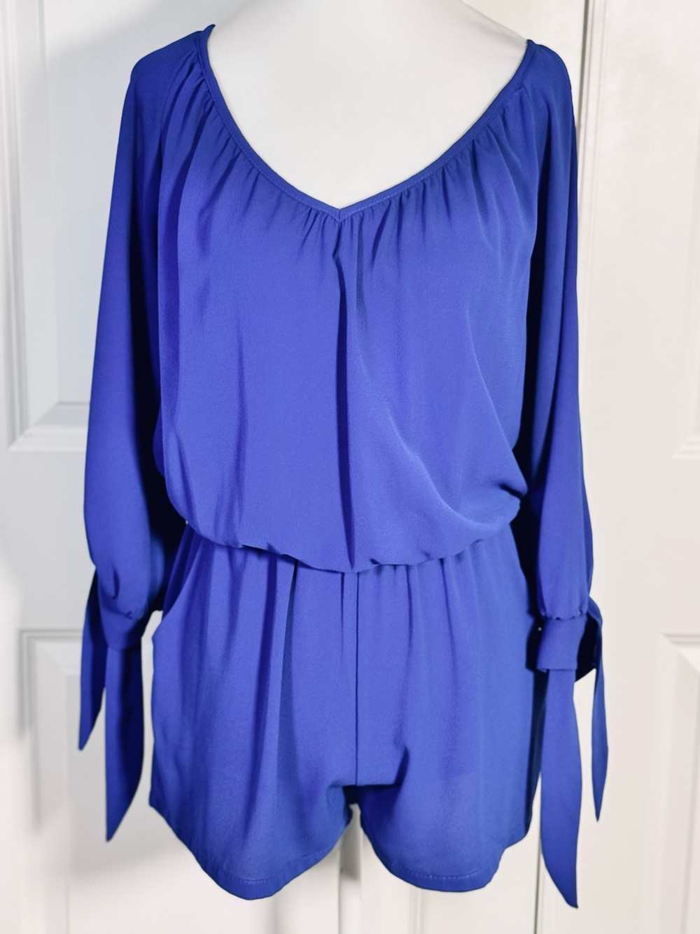 Tyche S Royal Blue Tie Sleeve Romper Split Sleeve V Neck Pockets Game Day Party
